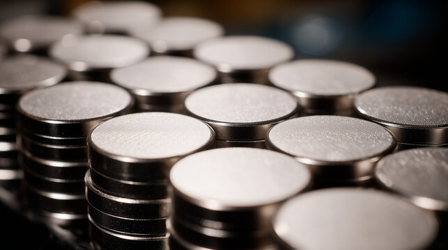 Macro detail of magnet-grade rare earth pellets, smooth, dense, and metallic, neatly arranged on a high-tech assembly table used for electronics manufacturing.