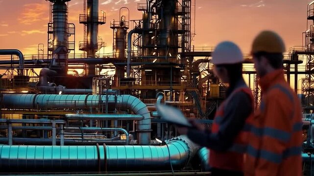 Engineers in protective suits discuss data on a tablet against the backdrop of an industrial sunset, which is relevant as the main background for presentations on technological innovations.
