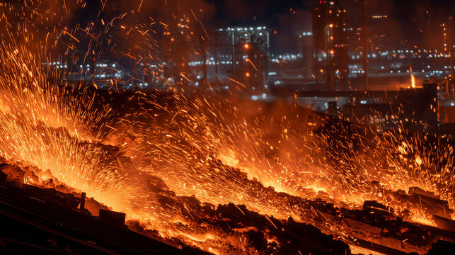 Industrial scene of rare earth purification, molten material pouring through specialized channels, glowing with intense heat as sparks illuminate the factory surroundings.