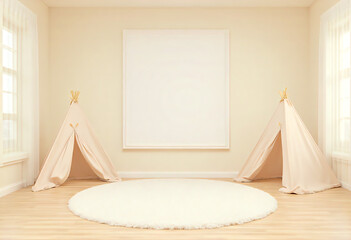 mock up Cozy 3D rendered kids interior with blank poster frame on a clean white background, modular block-style couch, neutral cotton tent with open entrance, smiling plush toys, light oak flooring,