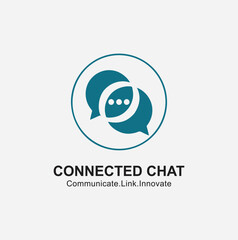 Obraz premium A modern logo featuring two overlapping speech bubbles with an ellipsis, enclosed in a circle, representing connection, communication, chat, and dialogue.