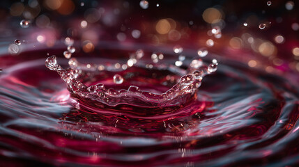 Macro perspective of wine droplets in mid-air, arcs of ruby liquid glistening, a sense of kinetic energy and indulgence captured in vivid detail.