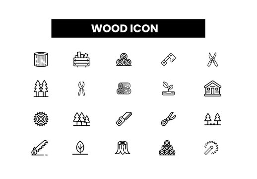 Set of outline icons related wood icon collection. Editable stroke. Vector illustration