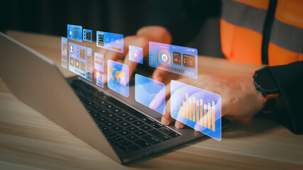 Construction worker with safety vest using stylus. Mechanics solution, engineering project workflow and manufacturing process concept with automation system icons.