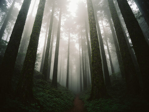 Ancient temperate forest shrouded in dense fog, mossy trees, and diffused light.