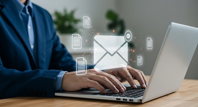 Business professional checking email on laptop for digital communication strategy