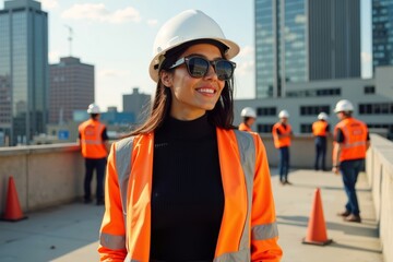 Chic Safety: Fashionable Cityscape Rooftop Photoshoot with Model amidst Construction Activity