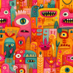 Seamless Whimsical Doodle Art Pattern, Vibrant Repeating Childlike Design
