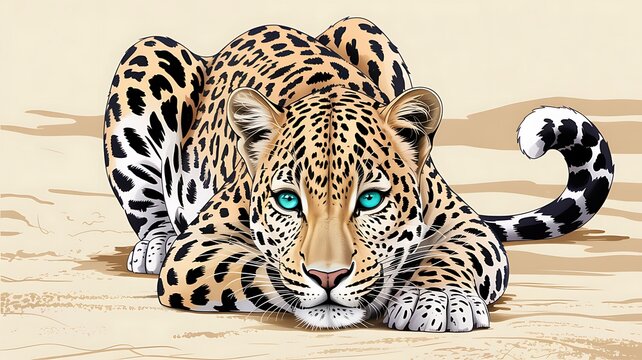 Leopard with striking blue eyes lying down in a sandy environment big cat feline