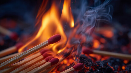 Extreme close-up of a match igniting, flame bursting orange, tip glowing red, charred and unlit matches scattered around, smoke threads weaving in delicate patterns, emphasizing co