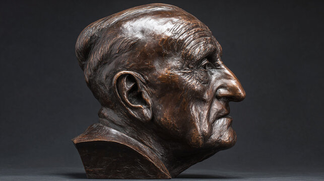 A bronze sculpture of an elderly man's bust in profile. This artwork captures the details of an aged visage