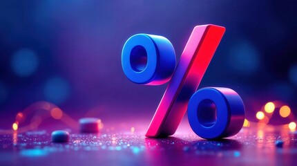 A vibrant 3D percentage symbol on a dark background with neon lights. Financial concept for sales, discounts, and interest rates. Abstract business illustration