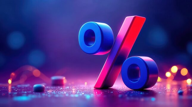 A vibrant 3D percentage symbol on a dark background with neon lights. Financial concept for sales, discounts, and interest rates. Abstract business illustration