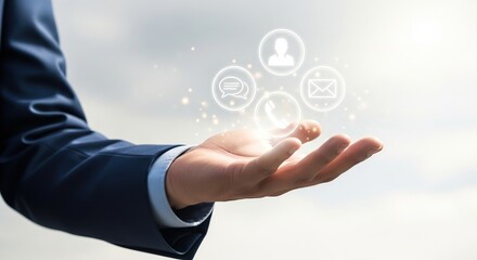 Business hand showing glowing digital contact icons for service