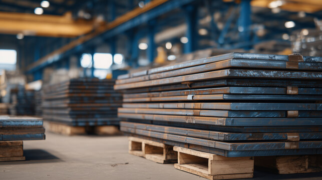High-resolution close-up, steel sheets neatly stacked on pallets, metallic reflections and textures enhanced by soft directional warehouse lighting, showcasing raw industrial mater