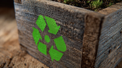 Side-angle close-up, wooden battery box with bold green sustainability symbol, textured wood and soft ambient light highlighting eco-friendly messaging.