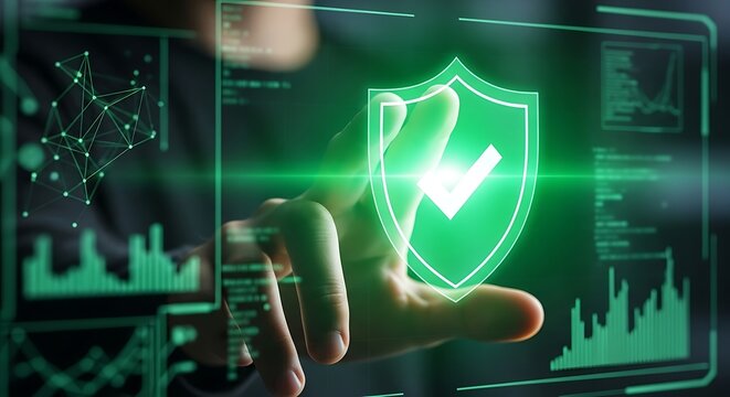 Cybersecurity concept shield with check mark as protection on interface screen