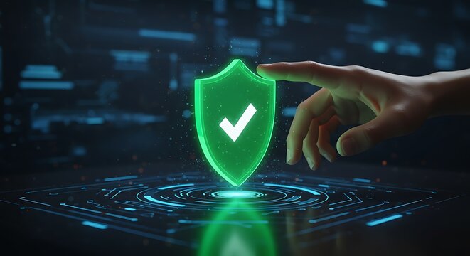 Cybersecurity protection and data privacy with shield icon and hand - Powered by Adobe