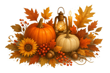 Autumn fantasy still life with candles, pumpkins and warm seasonal decor (PNG 5400x3600)