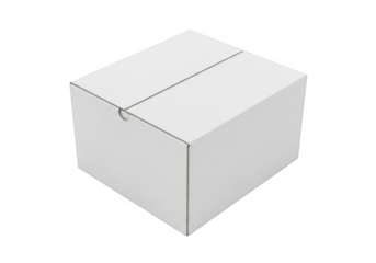 A simple white cardboard box with taped seams isolated on transparent background