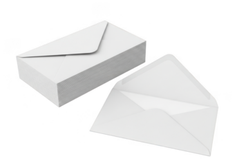 Stack of white envelopes and one open envelope isolated on transparent background