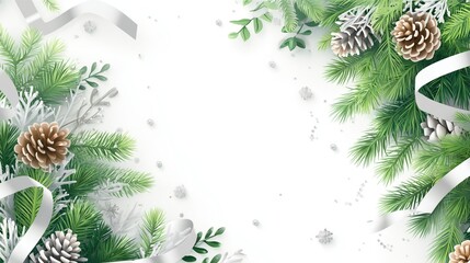 Winter Pine and Ribbon Frame on White Background for Seasonal Layout