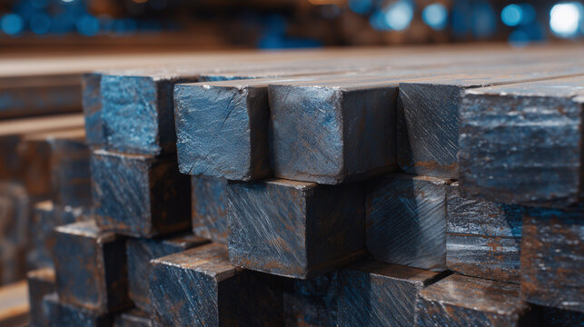 Cinematic macro perspective, square steel pipes stacked in rows, edges sharply defined, metallic reflections and subtle textures emphasizing industrial strength and precision.
