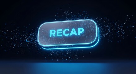 Futuristic glowing recap button surrounded by particles on a dark background