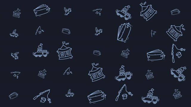 This charming dark background pattern features repeating line art doodles of leisure finance and travel symbols. Use this vector background for websites wrapping paper, fabric, prints, or for fun
