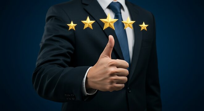 Five star rating businessman giving a thumbs up for success and satisfaction - Powered by Adobe