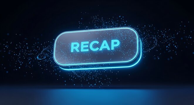 Futuristic glowing recap button surrounded by particles on a dark background