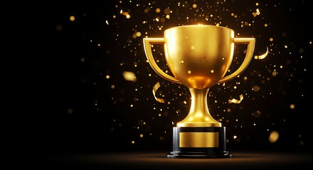 Golden trophy gleaming amidst confetti against a black elegant background