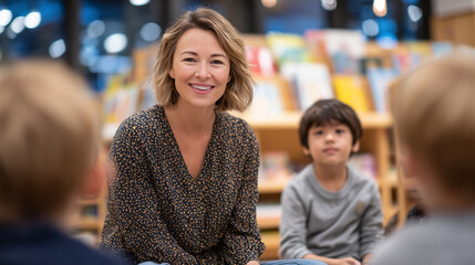 Teacher storytelling in a library corner, children sitting cross-legged on a soft rug, shelves of colorful books in the background, warm ambient lighting highlighting the cozy lear