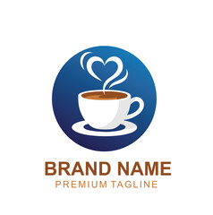 A warm beverage logo featuring a white cup and saucer with steam rising in the shape of a heart, set against a blue circle, symbolizing comfort and affection.