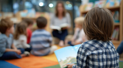 Artistic perspective of a storytime, teacher reading to children sitting on colorful mats, soft focus on kidsâ faces, books and educational materials scattered nearby.