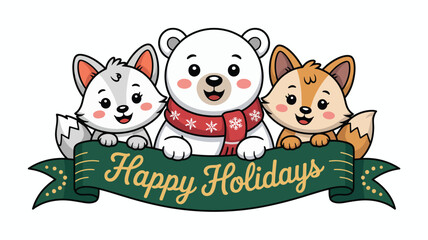 Festive cartoon animals holding Happy Holidays banner – polar bear, foxes, winter greeting card illustration for seasonal celebrations