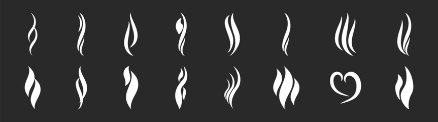 Smoke and Steam Icon Set with Aroma, Heat, Fire, Fume, Scent, and Vapour Symbols, Cigarette and Toxic Warning Elements. Vector Illustration