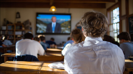 Side-angle view of lecture, teacher writing on a smartboard, students taking notes and recording the session, sunlight reflecting off polished wooden desks.