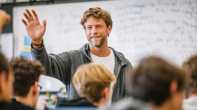 Medium shot of interactive university class, teacher engaging students with questions, some raising hands, large whiteboard behind filled with equations and key points.