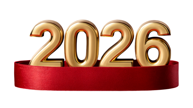 Golden 2026 numbers with a vibrant red ribbon, symbolizing celebration and new beginnings, perfect for New Years festivities and promotional materials. transparent background, isolated image