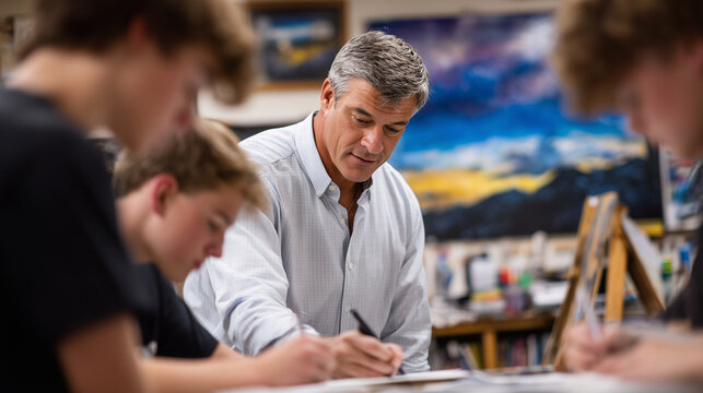 Creative arts lecture, teacher showing slides of artwork, students sketching or taking notes, studio-like classroom with easels, materials, and visual inspiration. - Powered by Adobe