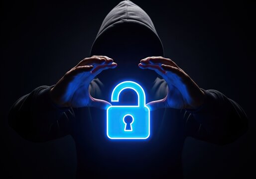 Hooded figure protecting digital data with glowing blue padlock