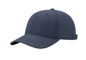 A single navy blue baseball cap with a curved brim isolated on transparent background
