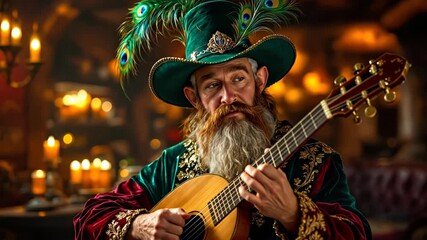 Enchanting minstrel performs lively guitar melody in vintage tavern setting