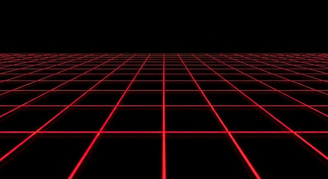 Retro 80s style red neon grid pattern background with perspective