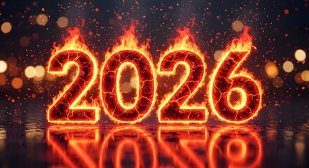 Burning 2026 new year celebration with fire and reflection