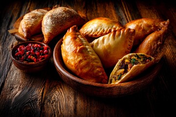 A wooden platter holds various delicious pastries, golden brown and flaky, paired with a bowl of vibrant salsa made from chopped vegetables. The scene is warm and inviting
