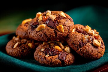 A stack of freshly baked cookies is displayed on a green cloth, featuring chocolate chunks and topped with crunchy nuts, inviting all to enjoy a delicious treat during snack time