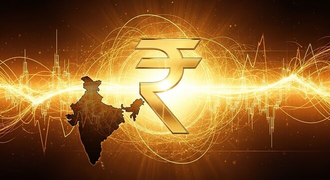 Indian rupee currency symbol with map and glowing financial data