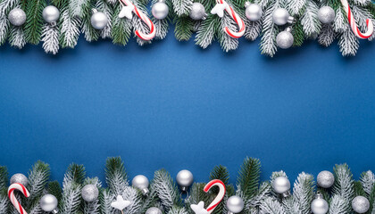 Christmas snowy fir border with silver baubles and candy canes on blue background